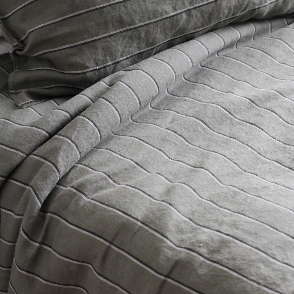 Linen Duvet Set - Rosemary Dual Stripe, King Single