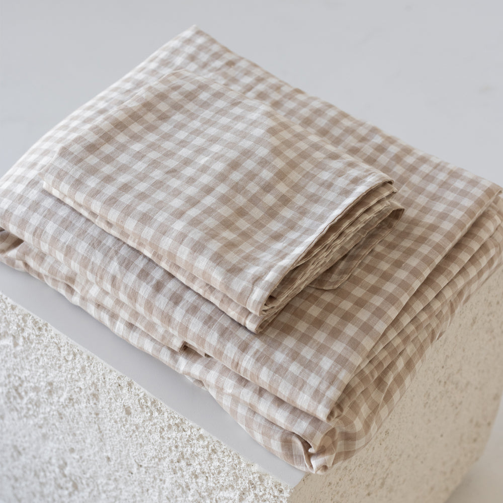 European Linen Flat Sheet - Natural Small Gingham