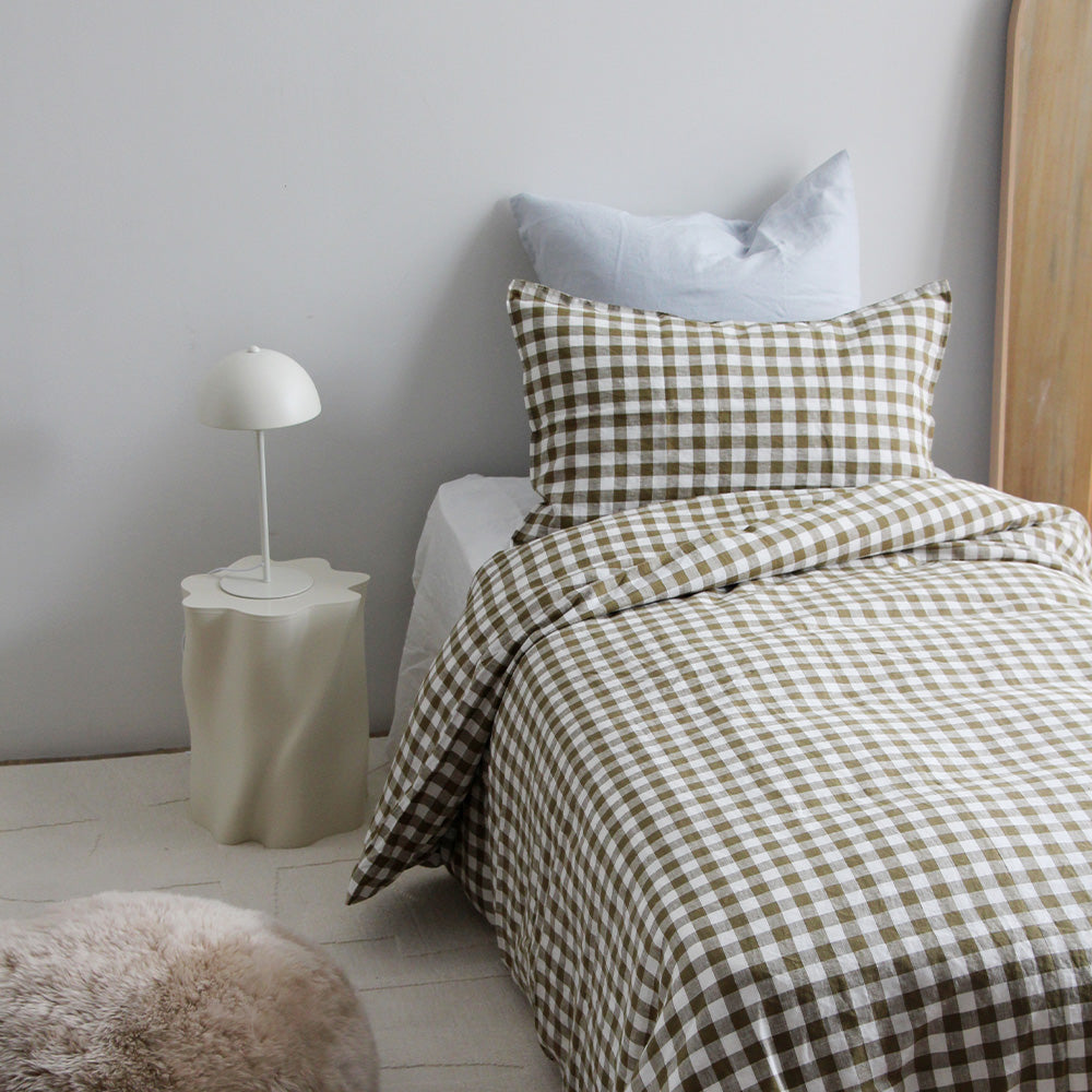 Linen Duvet Set - Olive Gingham, King Single
